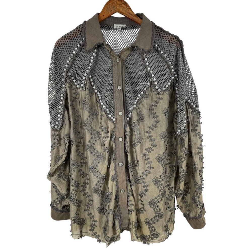 POL Mixed Media Mesh Pearl Embellished Lace Button Down Top M Boho - Picture 2 of 14